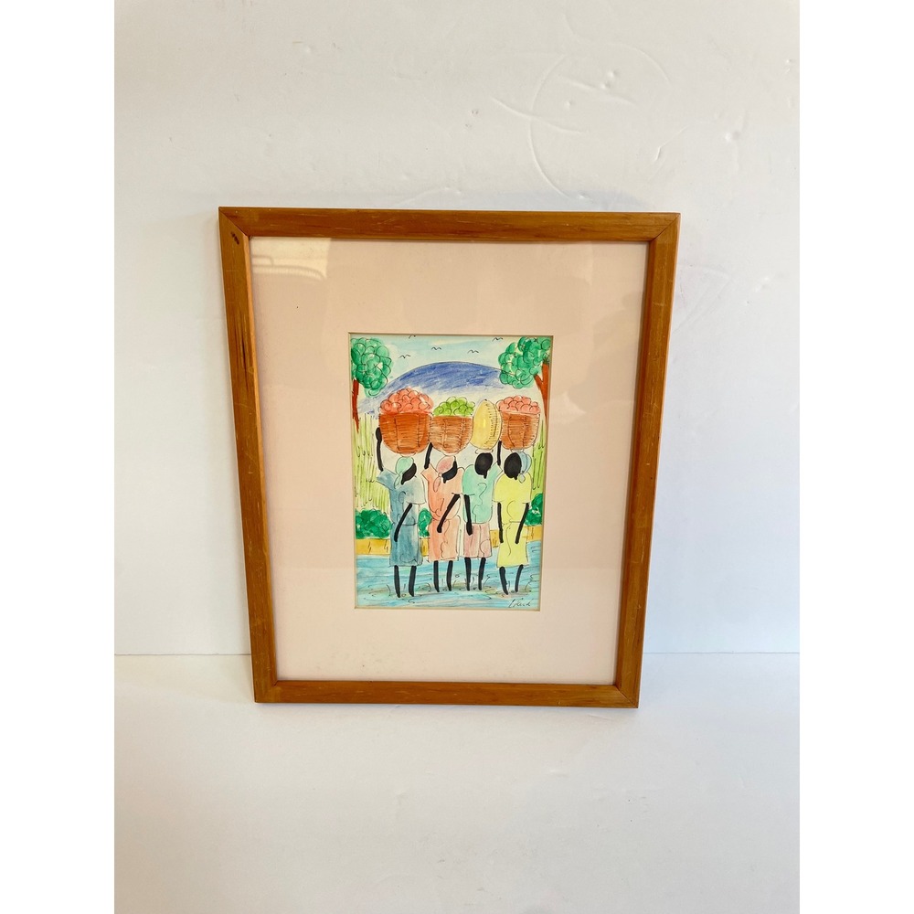 Vintage Signed Kirk Watercolor Folk Art Painting Figures with Fruit Baskets